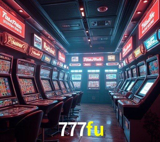 Escena dinámica inspirada en casino con iluminación 777fu, cartas, fichas e íconos de juegos digitales en un espacio moderno de juegos.