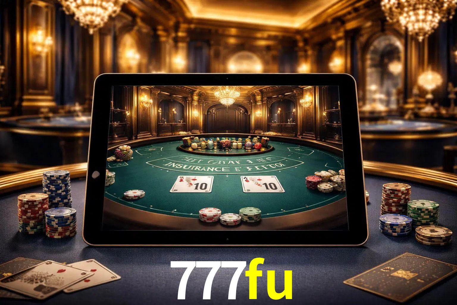 Configuración moderna de casino en vivo con una tableta mostrando una mesa de blackjack, luces cálidas de estudio y una atmósfera elegante de juegos digitales.